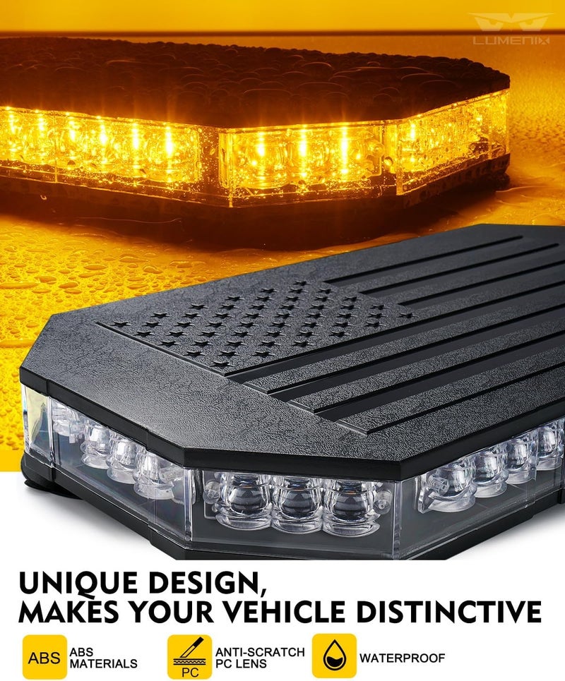 LUMENIX Amber 42 LED Rooftop Strobe Beacon Lights Magnetic Emergency Warning Traffic Flashing Light Bar for Construction Vehicles Snowplow Trucks Mail Postal (American Flag Pattern | Patented Design) - Image 2